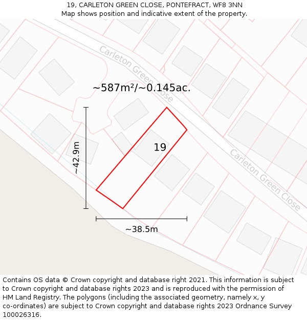 19, CARLETON GREEN CLOSE, PONTEFRACT, WF8 3NN: Plot and title map