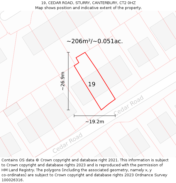 19, CEDAR ROAD, STURRY, CANTERBURY, CT2 0HZ: Plot and title map