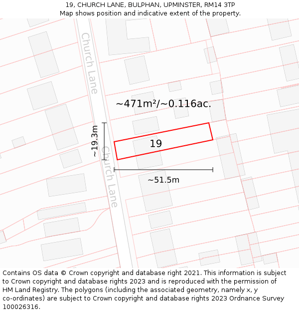 19, CHURCH LANE, BULPHAN, UPMINSTER, RM14 3TP: Plot and title map