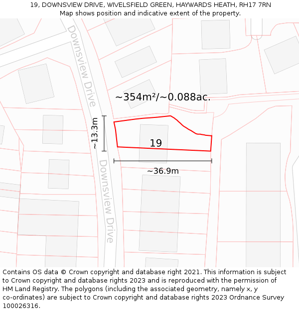19, DOWNSVIEW DRIVE, WIVELSFIELD GREEN, HAYWARDS HEATH, RH17 7RN: Plot and title map