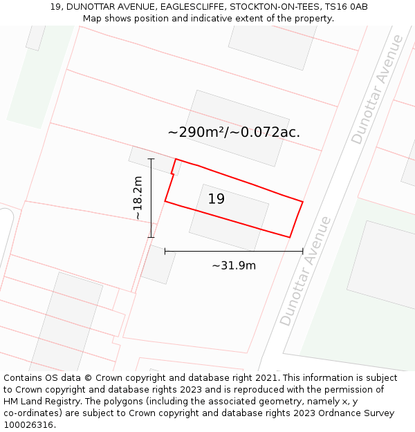 19, DUNOTTAR AVENUE, EAGLESCLIFFE, STOCKTON-ON-TEES, TS16 0AB: Plot and title map