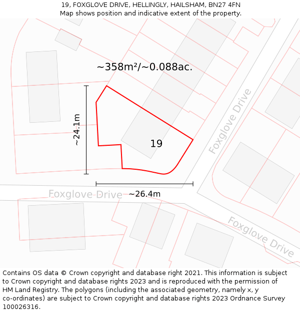 19, FOXGLOVE DRIVE, HELLINGLY, HAILSHAM, BN27 4FN: Plot and title map