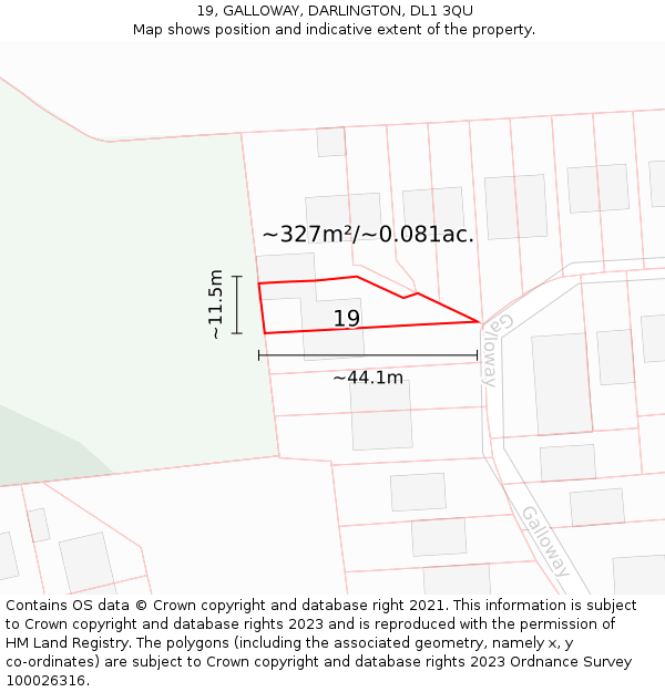 19, GALLOWAY, DARLINGTON, DL1 3QU: Plot and title map