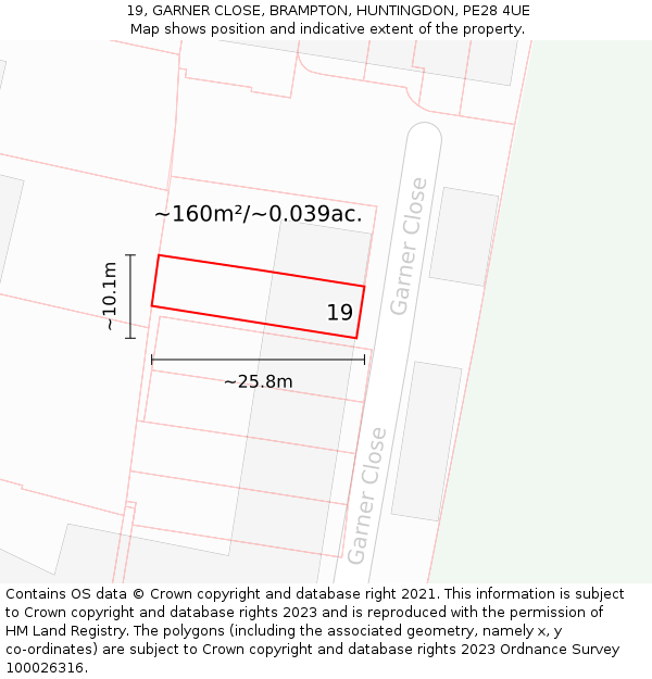 19, GARNER CLOSE, BRAMPTON, HUNTINGDON, PE28 4UE: Plot and title map