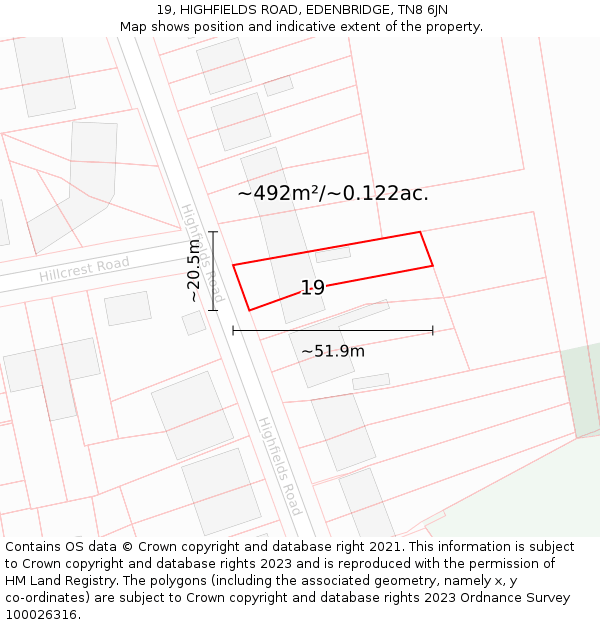 19, HIGHFIELDS ROAD, EDENBRIDGE, TN8 6JN: Plot and title map