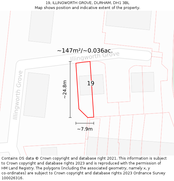 19, ILLINGWORTH GROVE, DURHAM, DH1 3BL: Plot and title map