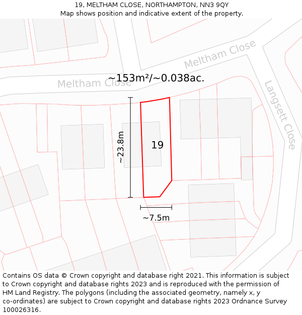 19, MELTHAM CLOSE, NORTHAMPTON, NN3 9QY: Plot and title map