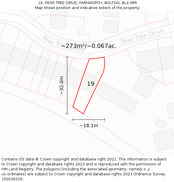 19, PEAR TREE DRIVE, FARNWORTH, BOLTON, BL4 9RR: Plot and title map