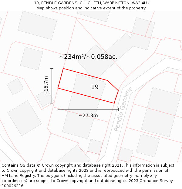 19, PENDLE GARDENS, CULCHETH, WARRINGTON, WA3 4LU: Plot and title map