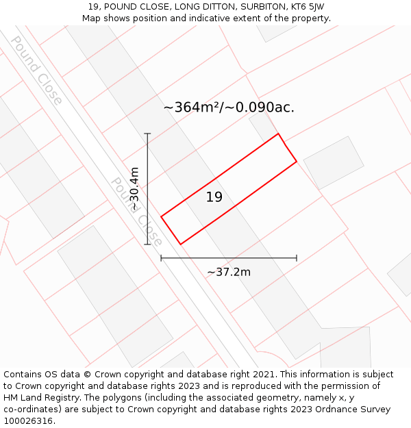 19, POUND CLOSE, LONG DITTON, SURBITON, KT6 5JW: Plot and title map