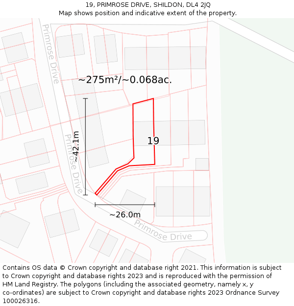 19, PRIMROSE DRIVE, SHILDON, DL4 2JQ: Plot and title map