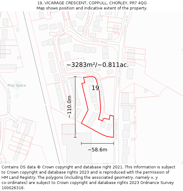 19, VICARAGE CRESCENT, COPPULL, CHORLEY, PR7 4QG: Plot and title map