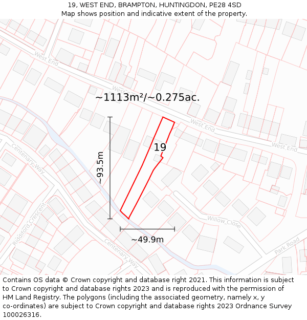 19, WEST END, BRAMPTON, HUNTINGDON, PE28 4SD: Plot and title map