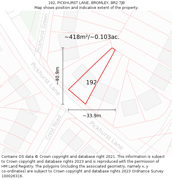 192, PICKHURST LANE, BROMLEY, BR2 7JB: Plot and title map