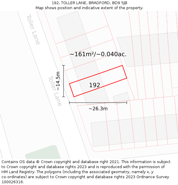 192, TOLLER LANE, BRADFORD, BD9 5JB: Plot and title map