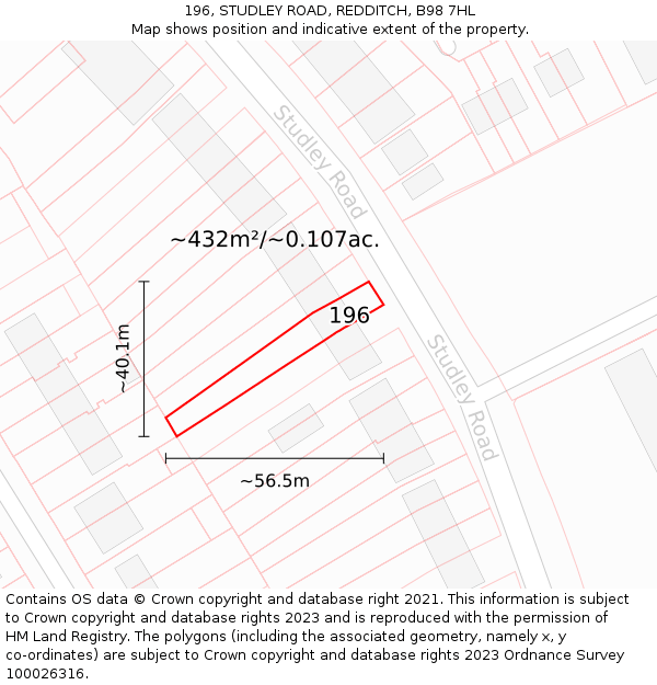 196, STUDLEY ROAD, REDDITCH, B98 7HL: Plot and title map