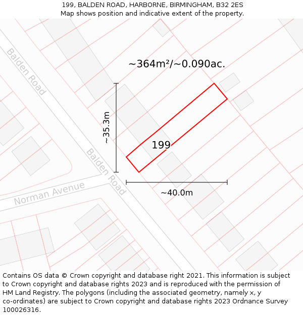 199, BALDEN ROAD, HARBORNE, BIRMINGHAM, B32 2ES: Plot and title map