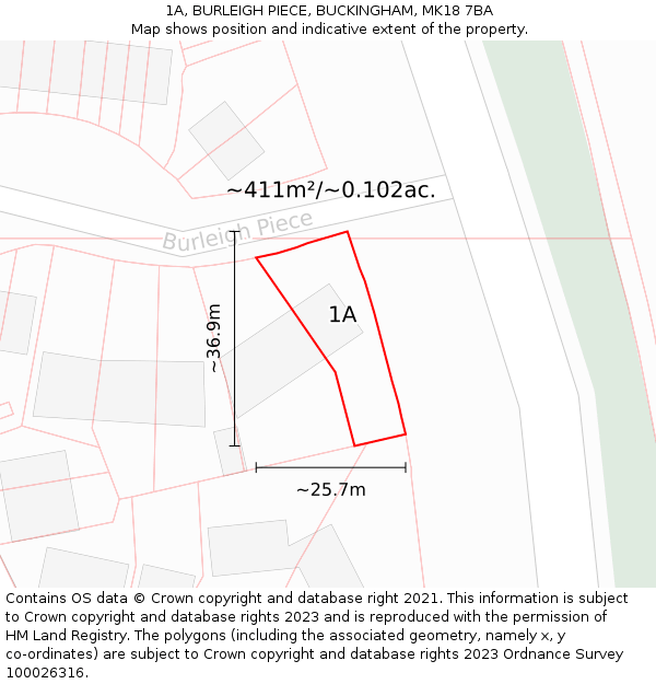 1A, BURLEIGH PIECE, BUCKINGHAM, MK18 7BA: Plot and title map