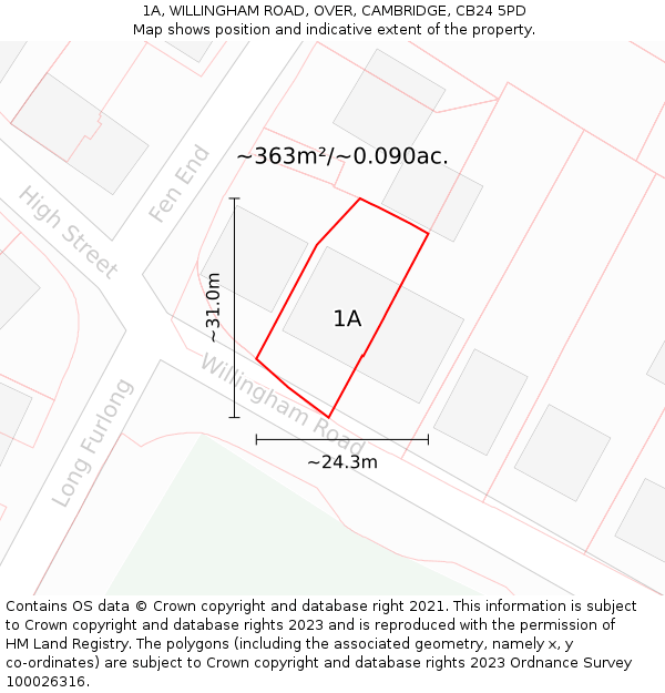 1A, WILLINGHAM ROAD, OVER, CAMBRIDGE, CB24 5PD: Plot and title map