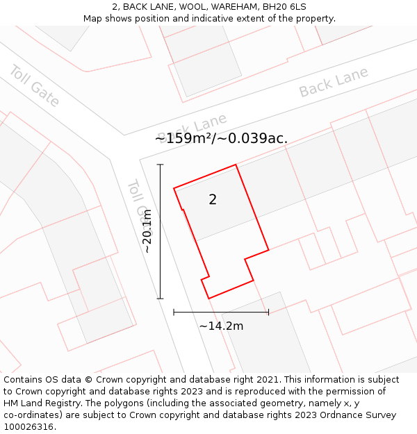 2, BACK LANE, WOOL, WAREHAM, BH20 6LS: Plot and title map