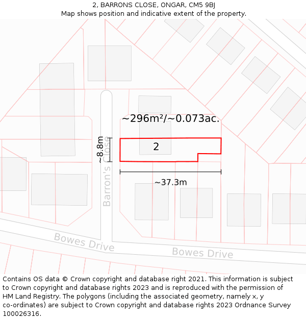 2, BARRONS CLOSE, ONGAR, CM5 9BJ: Plot and title map