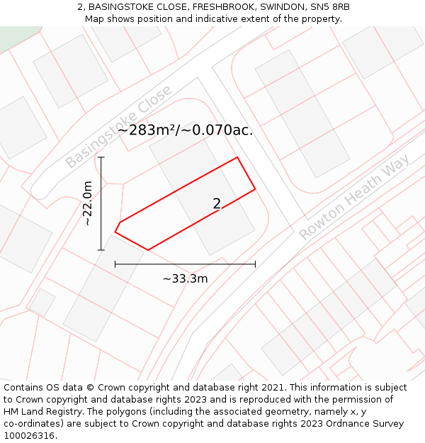 2, BASINGSTOKE CLOSE, FRESHBROOK, SWINDON, SN5 8RB: Plot and title map