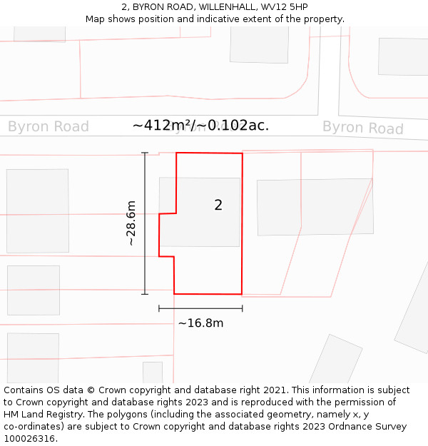 2, BYRON ROAD, WILLENHALL, WV12 5HP: Plot and title map