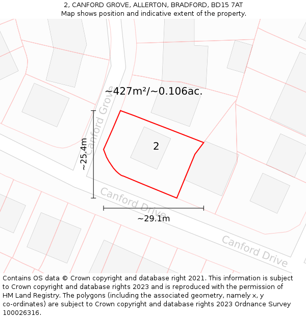 2, CANFORD GROVE, ALLERTON, BRADFORD, BD15 7AT: Plot and title map