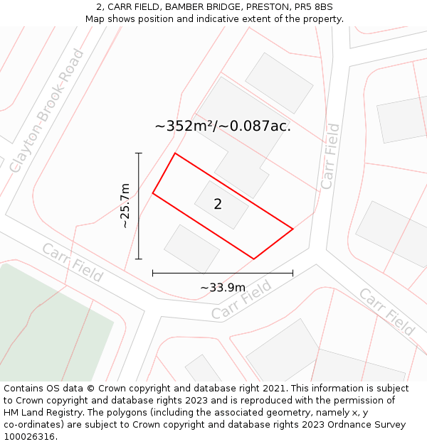 2, CARR FIELD, BAMBER BRIDGE, PRESTON, PR5 8BS: Plot and title map