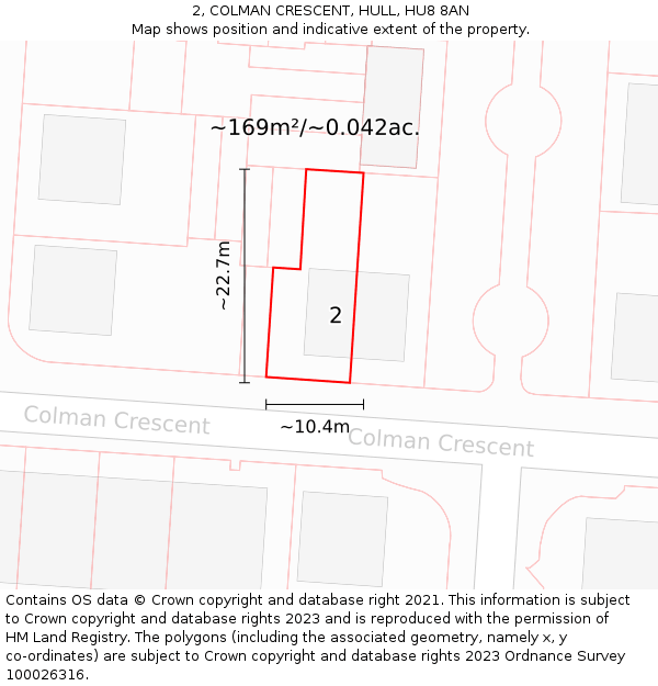 2, COLMAN CRESCENT, HULL, HU8 8AN: Plot and title map