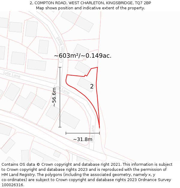 2, COMPTON ROAD, WEST CHARLETON, KINGSBRIDGE, TQ7 2BP: Plot and title map