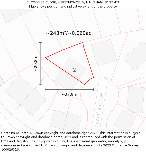 2, COOMBE CLOSE, HERSTMONCEUX, HAILSHAM, BN27 4TT: Plot and title map