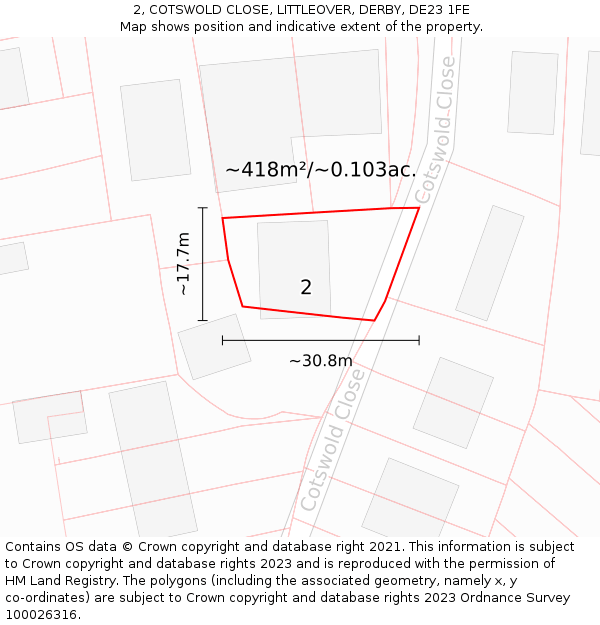 2, COTSWOLD CLOSE, LITTLEOVER, DERBY, DE23 1FE: Plot and title map