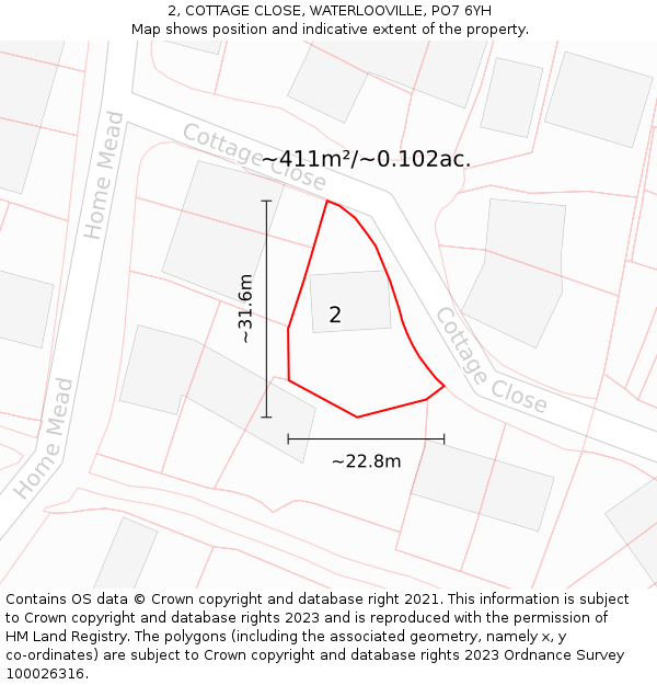 2, COTTAGE CLOSE, WATERLOOVILLE, PO7 6YH: Plot and title map