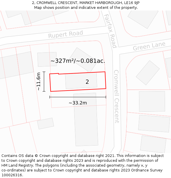 2, CROMWELL CRESCENT, MARKET HARBOROUGH, LE16 9JP: Plot and title map