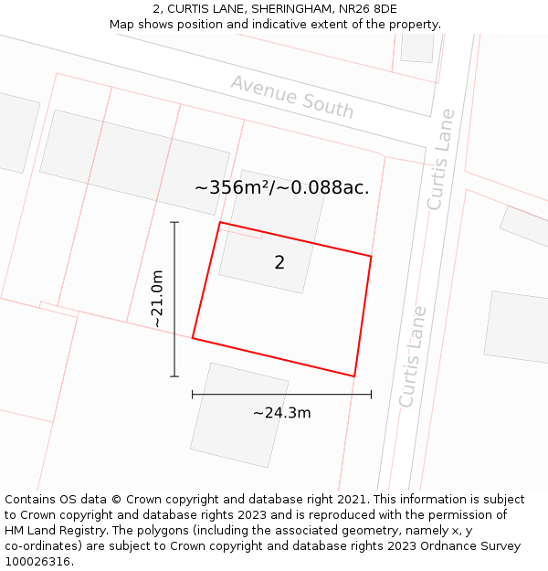 2, CURTIS LANE, SHERINGHAM, NR26 8DE: Plot and title map