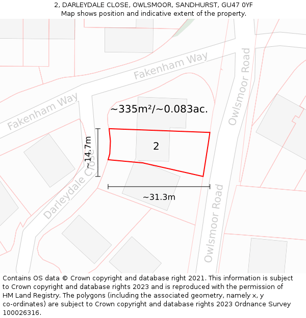 2, DARLEYDALE CLOSE, OWLSMOOR, SANDHURST, GU47 0YF: Plot and title map
