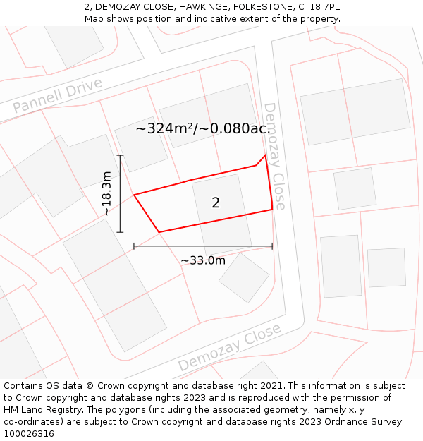 2, DEMOZAY CLOSE, HAWKINGE, FOLKESTONE, CT18 7PL: Plot and title map