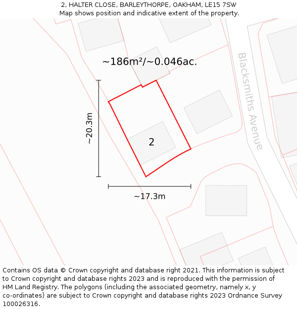 2, HALTER CLOSE, BARLEYTHORPE, OAKHAM, LE15 7SW: Plot and title map