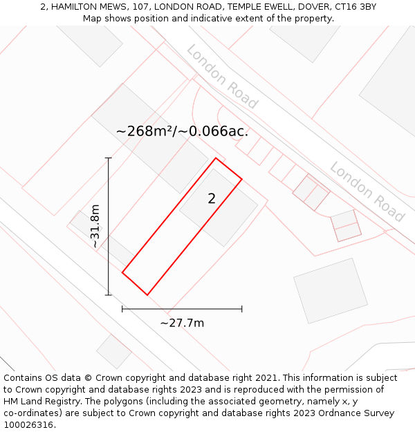 2, HAMILTON MEWS, 107, LONDON ROAD, TEMPLE EWELL, DOVER, CT16 3BY: Plot and title map