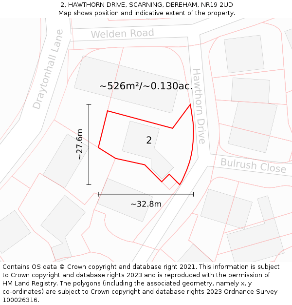 2, HAWTHORN DRIVE, SCARNING, DEREHAM, NR19 2UD: Plot and title map