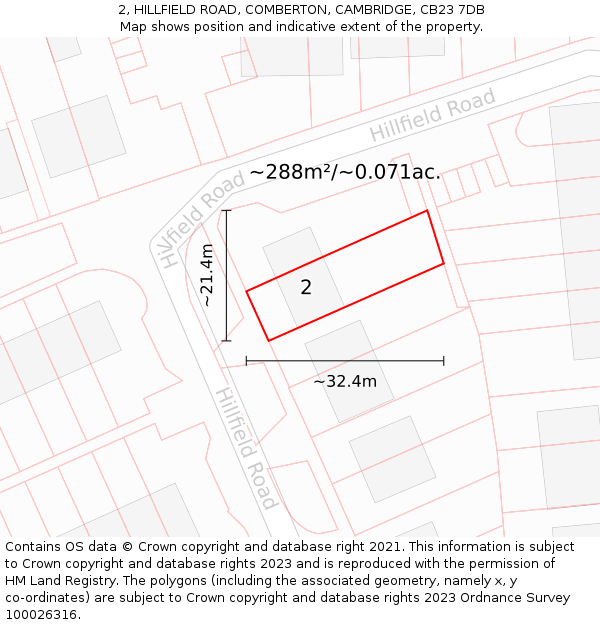 2, HILLFIELD ROAD, COMBERTON, CAMBRIDGE, CB23 7DB: Plot and title map
