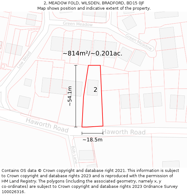 2, MEADOW FOLD, WILSDEN, BRADFORD, BD15 0JF: Plot and title map