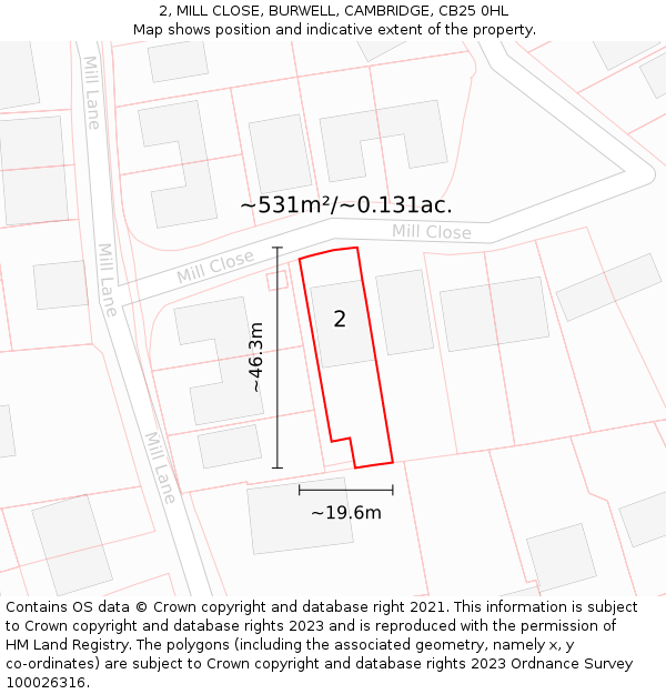 2, MILL CLOSE, BURWELL, CAMBRIDGE, CB25 0HL: Plot and title map