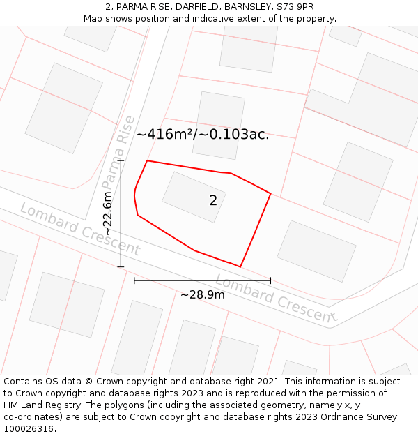 2, PARMA RISE, DARFIELD, BARNSLEY, S73 9PR: Plot and title map