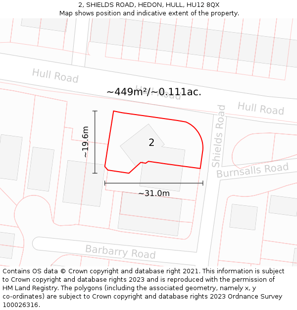 2, SHIELDS ROAD, HEDON, HULL, HU12 8QX: Plot and title map