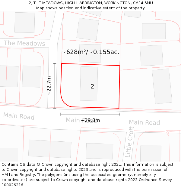 2, THE MEADOWS, HIGH HARRINGTON, WORKINGTON, CA14 5NU: Plot and title map