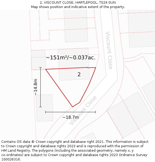 2, VISCOUNT CLOSE, HARTLEPOOL, TS24 0UN: Plot and title map