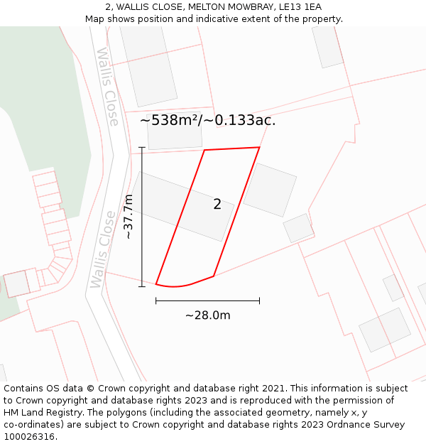 2, WALLIS CLOSE, MELTON MOWBRAY, LE13 1EA: Plot and title map