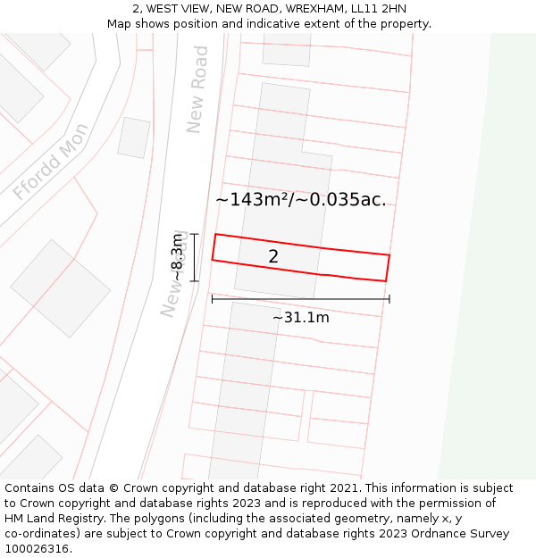 2, WEST VIEW, NEW ROAD, WREXHAM, LL11 2HN: Plot and title map